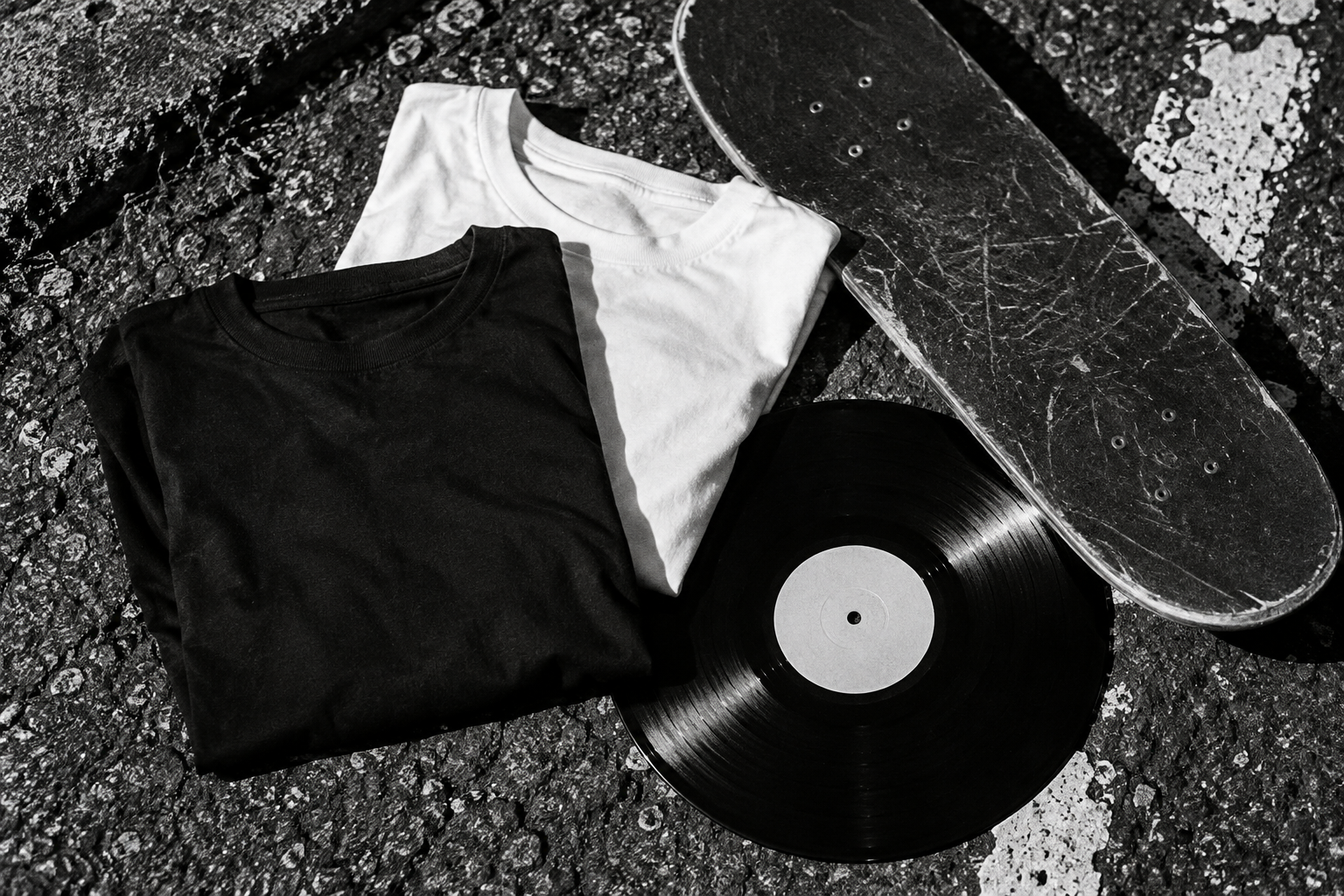 Composizione fotografica in bianco e nero con t-shirt, vinile e skateboard sull’asfalto